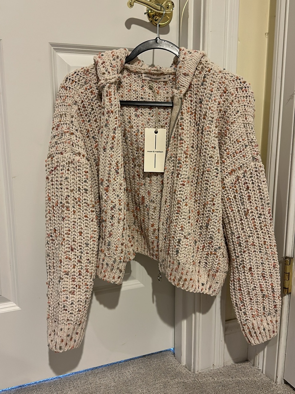 Woven Hooded Sweater Cardigan - Cream with Multicolor Speckle
